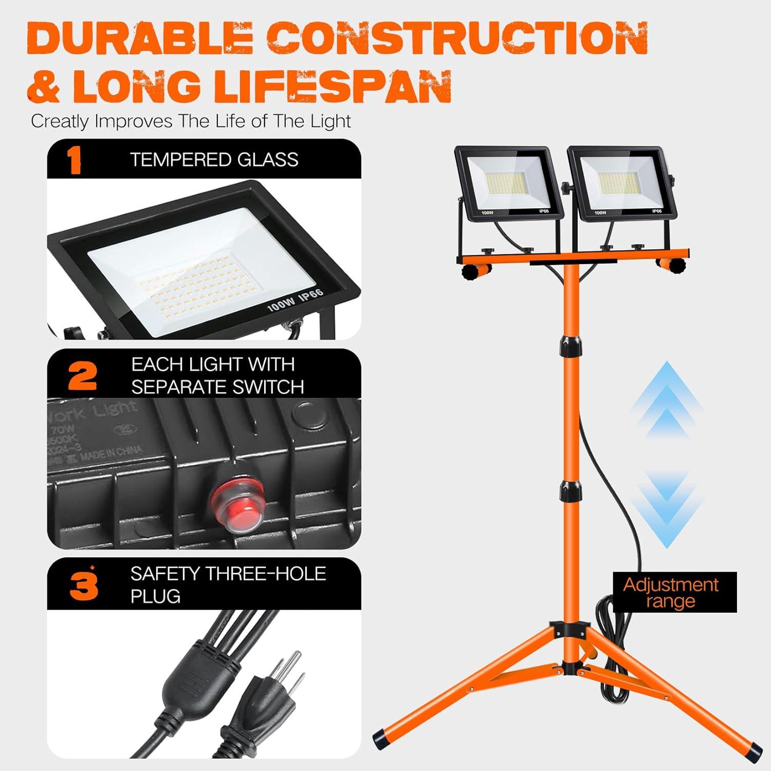 21000 Lumen Work Lights with Stand，3 Adjustable Head LED Work Light, with Adjustable and Foldable Tripod Stand, Waterproof Lamp with Individual Switch with 6500 Kelvin Color Temperature