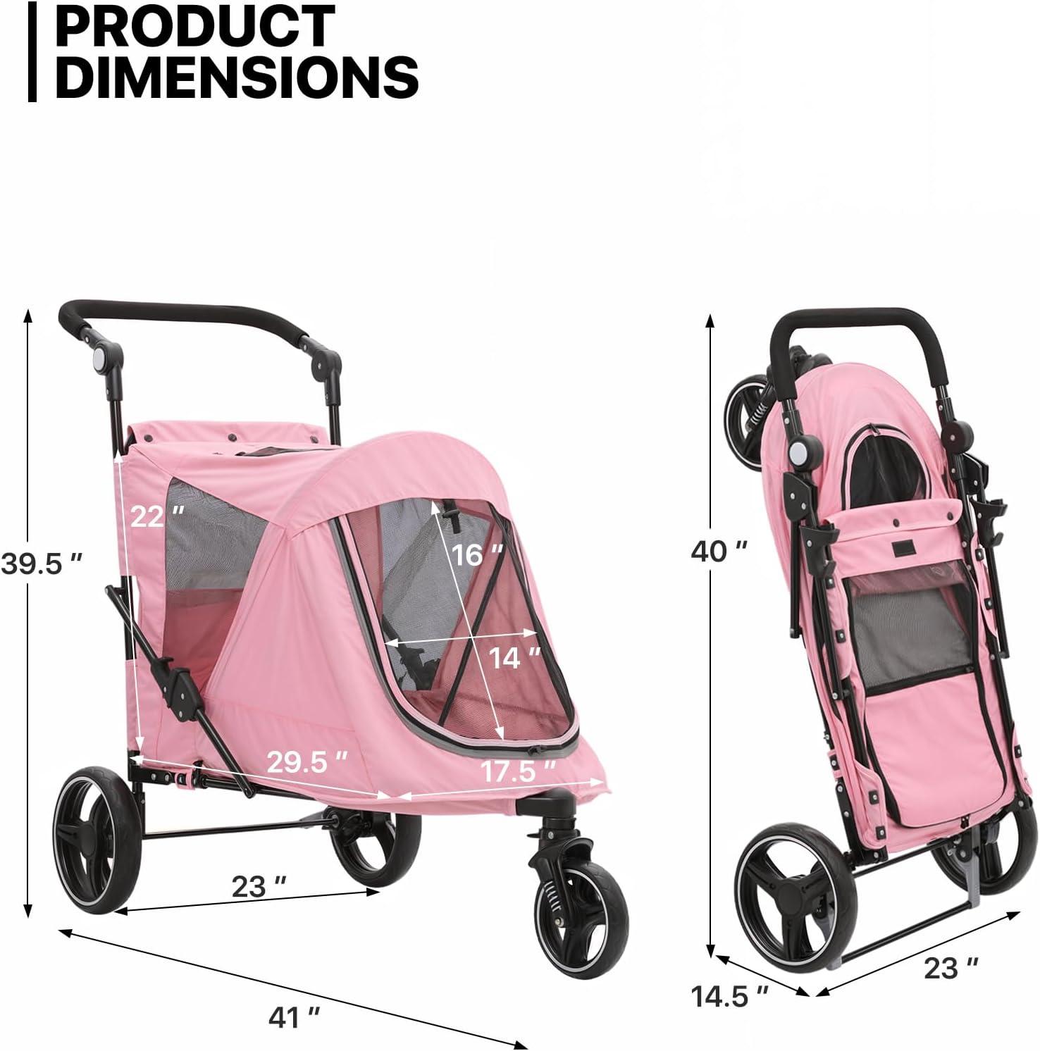 MoNiBloom Folding 3 Wheel Pet Stroller, Foldable Dog Jogger Stroller with Adjustable Handlebar and Mesh Window