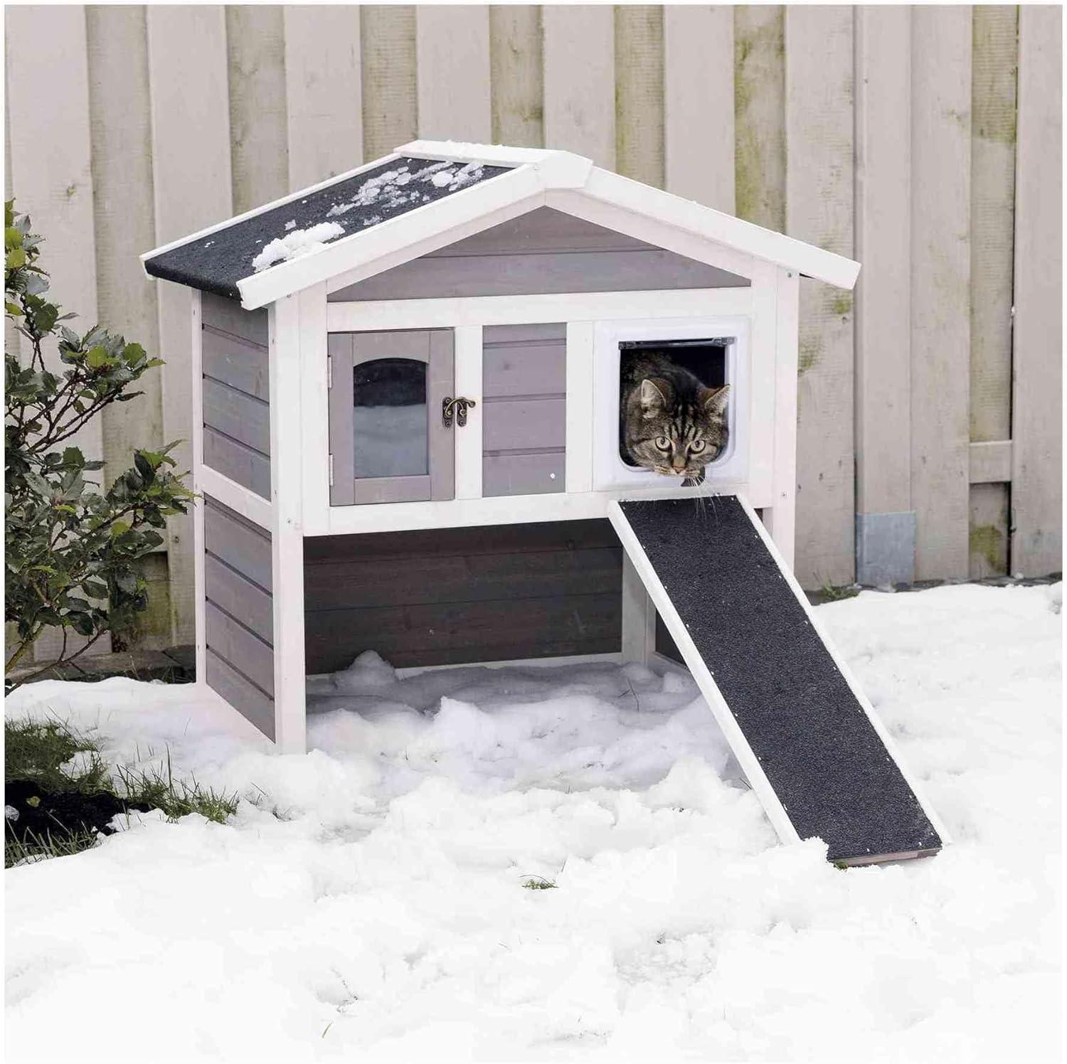 Gray and White 2-Story Insulated Outdoor Cat House with Ramp
