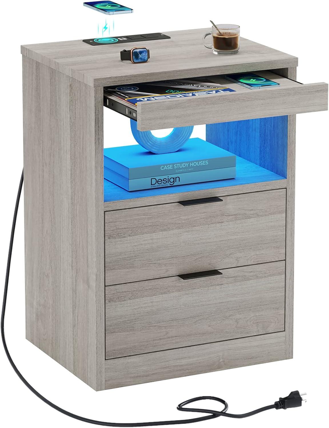 Exlonjet Black Nightstand with Wireless Charging Station and LED Lights, Bedside Table with 2 Drawers, Open Storage, 1 Pull-Out Tray, End Side Table with Charging Station, LED Night Stand with Storage