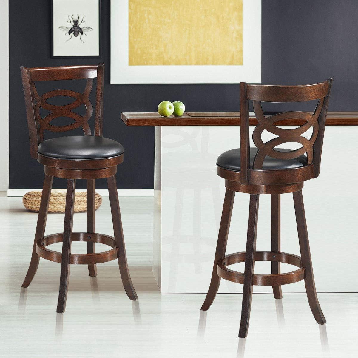 XIAOTAO 360° Swivel Barstools Set of 2, 29" Bar Height Bar Chairs with Back & Footrest, Upholstered Bar Stools with Rubber Wood Frame, Suitable for Home Bar, Kitchen Counter, Espresso