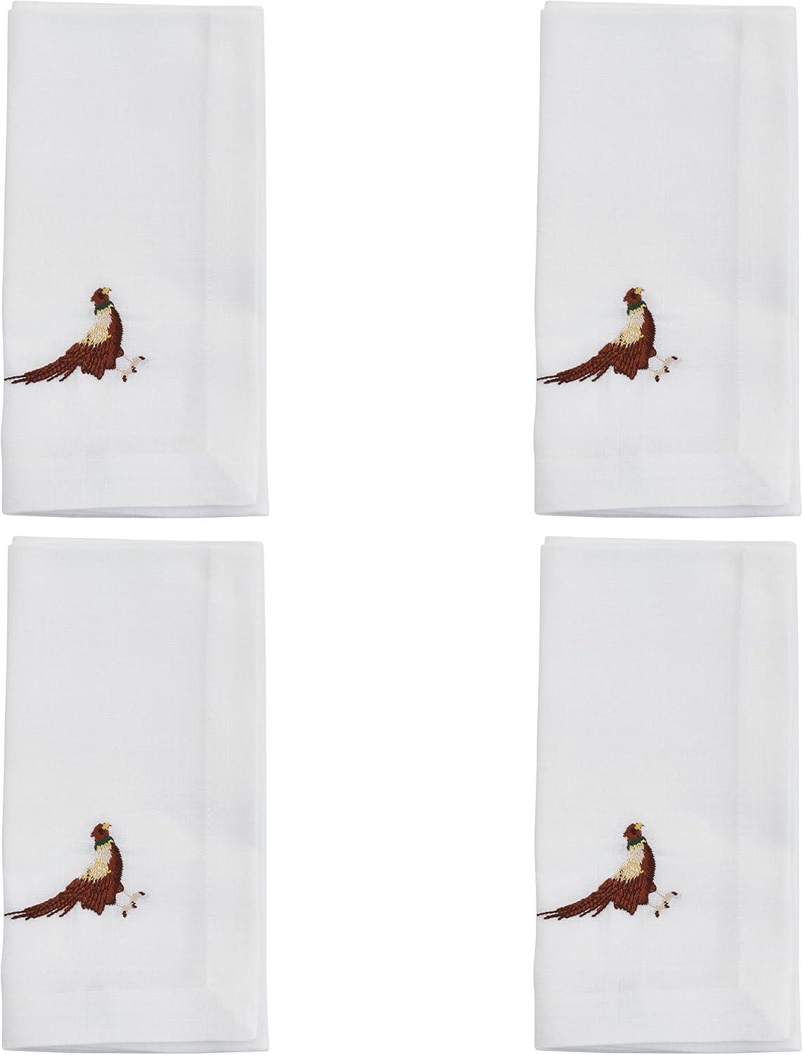 White Polyester Embroidered Pheasant Design Table Napkins Set