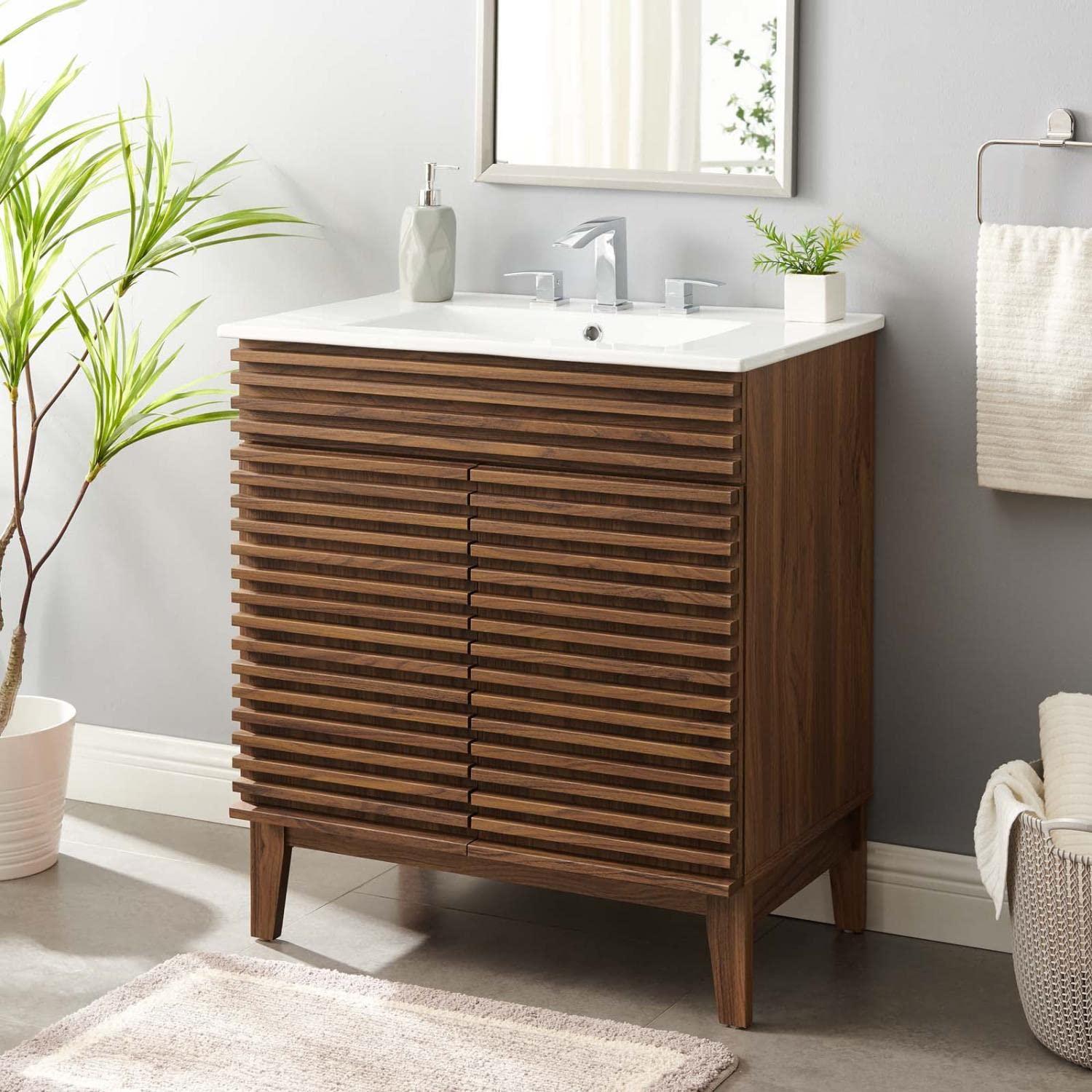 Modway Render Vanity with Sink-Floor, 30 Inch, Walnut White