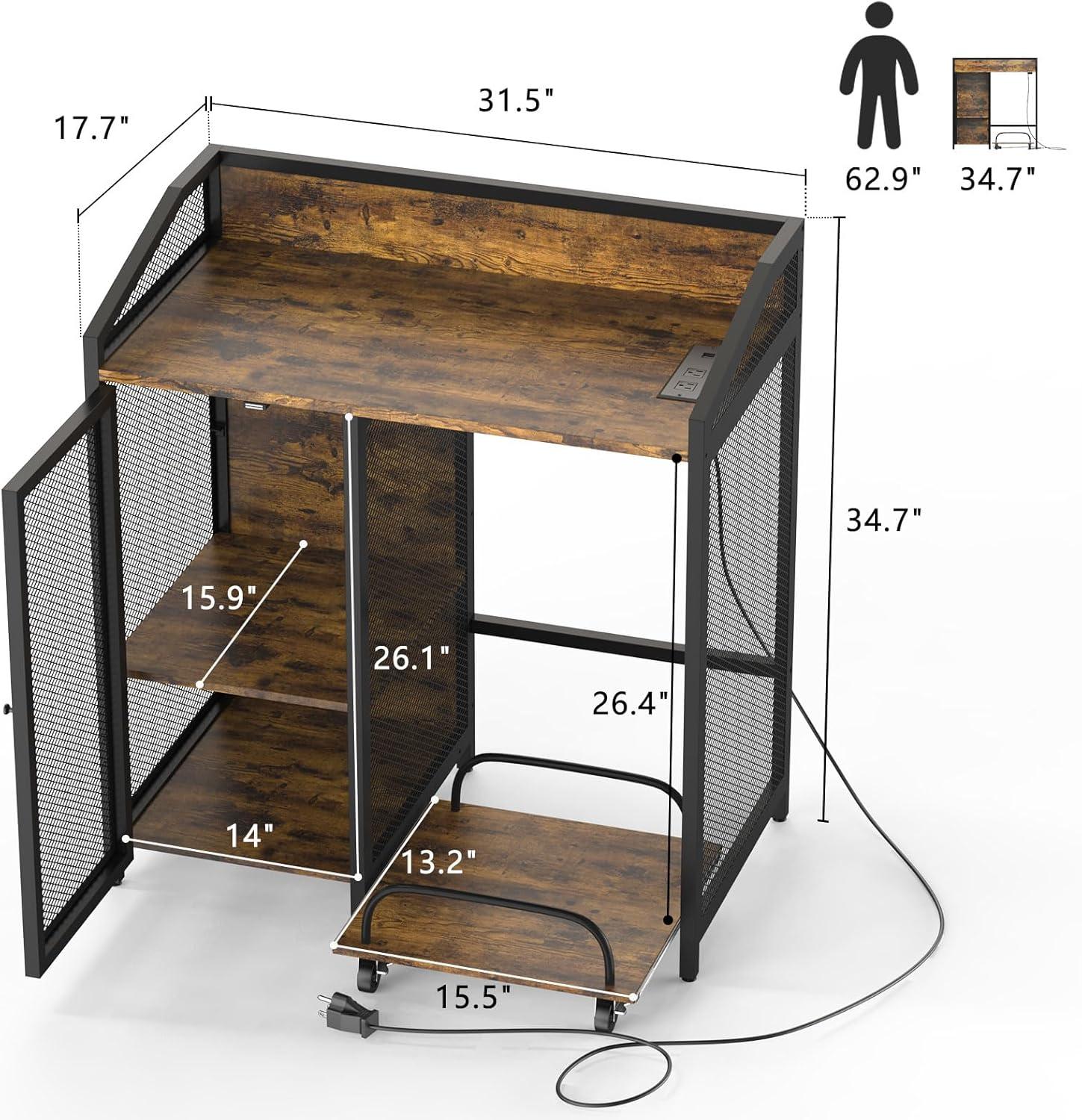 Office Storage File Cabinet with Charging Station and Paper Shredder Stand, 3 Tier Printer with Open Storage Shelves for Home Office,Brown