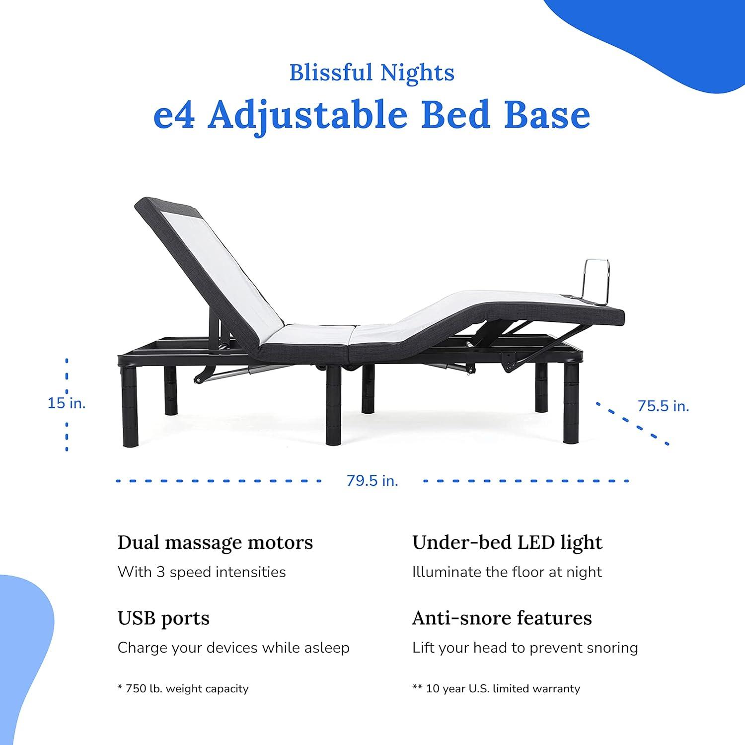 Blissful Nights e3 Twin XL Adjustable Bed Base Frame with 10" Medium Firm Gel Infused Memory Foam Mattress