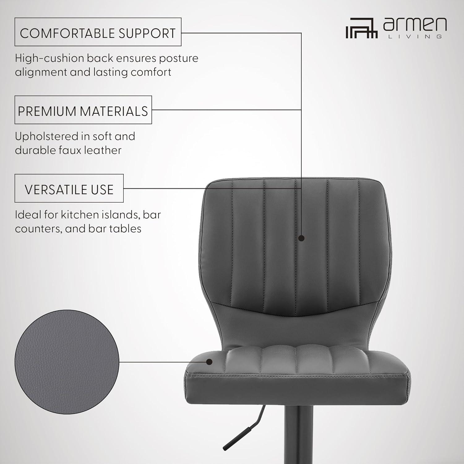 Contemporary Gray Leather Swivel Bar Stool with Adjustable Height