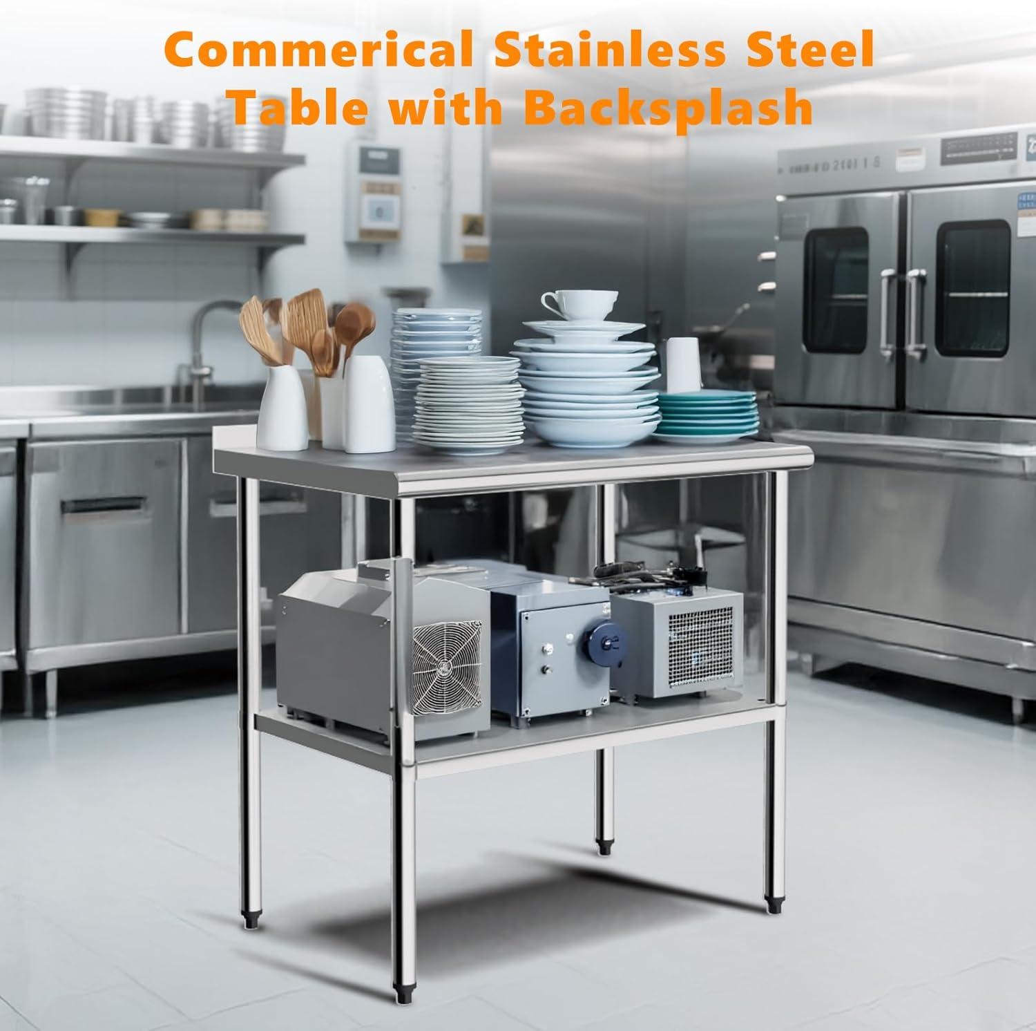 ROVSUN 36'' x 24'' Stainless Steel Table for Prep & Work, Metal Table with Undershelf for Kitchen Restaurant, Home