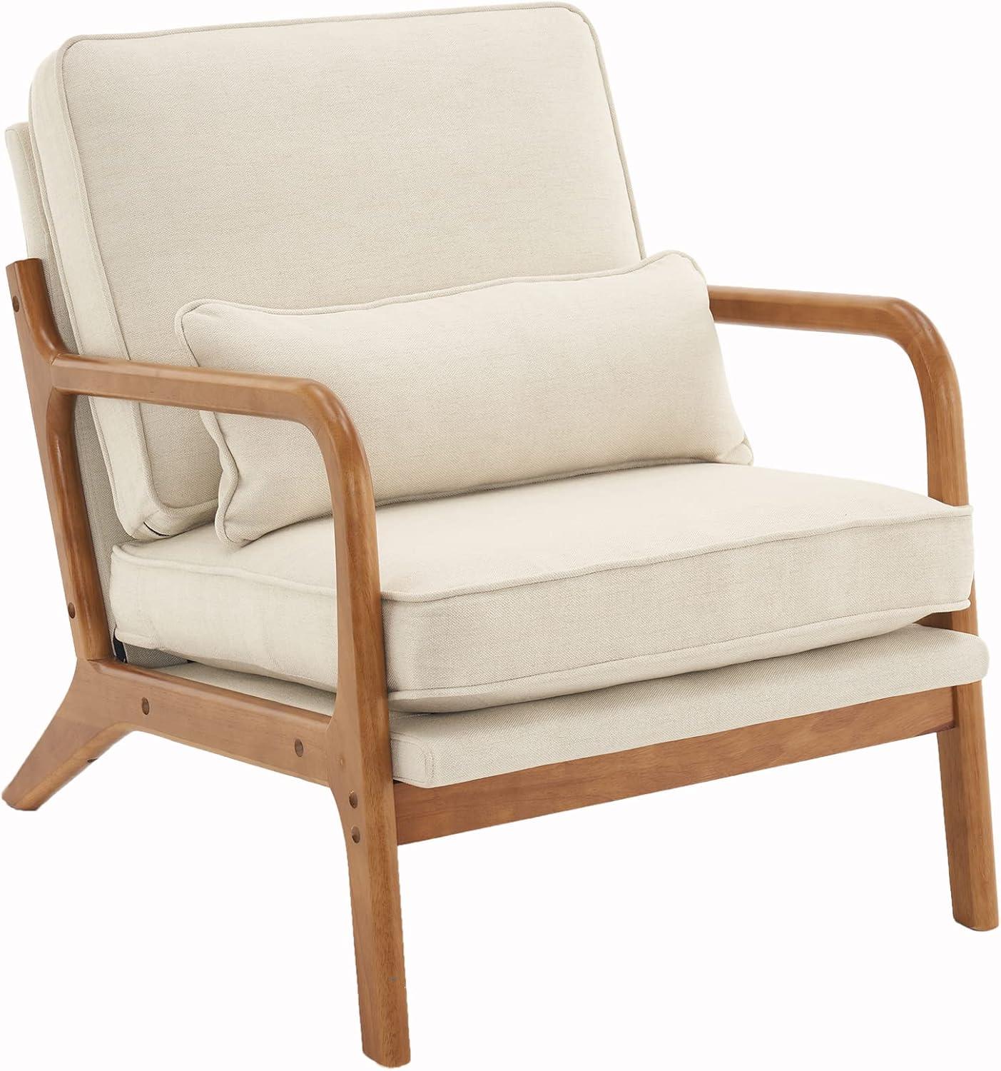 UBesGoo Modern Arm Chair Linen Fabric Upholstered Comfy Reading Accent Chair with Solid Wood Frame Set of 2 Beige