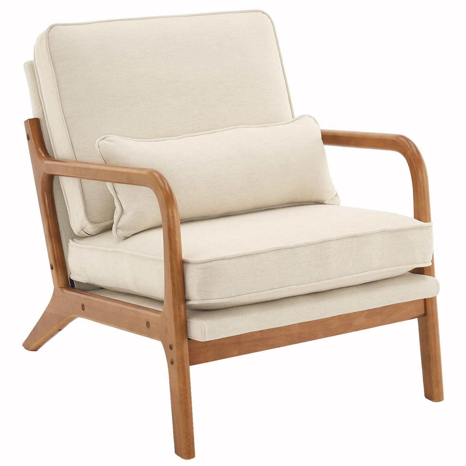 JULY'S SONG Mid-Century Wood Upholstered Fabric Solid Print Armchair, Beige (Set of 2)