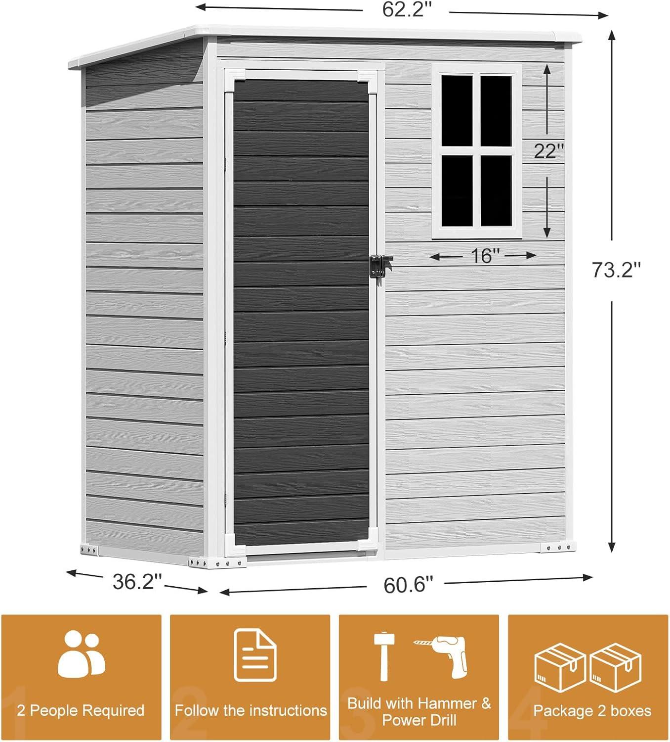 Gray Resin Outdoor Storage Shed with Window and Lockable Door