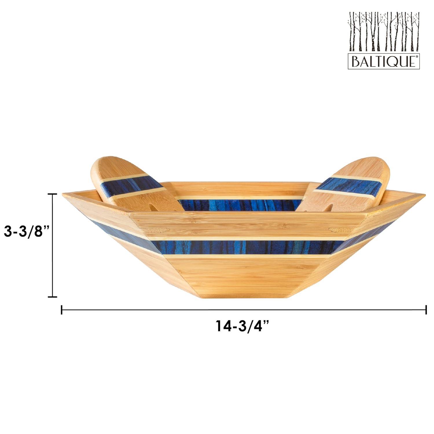Totally Bamboo Baltique Malta Collection 14" Salad Serving Bowl with Salad Hands, Bamboo and Colored Birch Wood