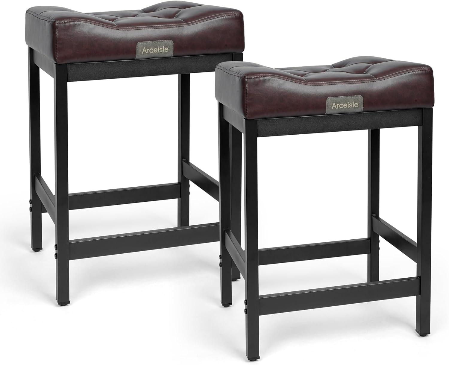 Bar Stools Set of 2 Counter Height Stools 24 inch Bar PU Leather Saddle Stool