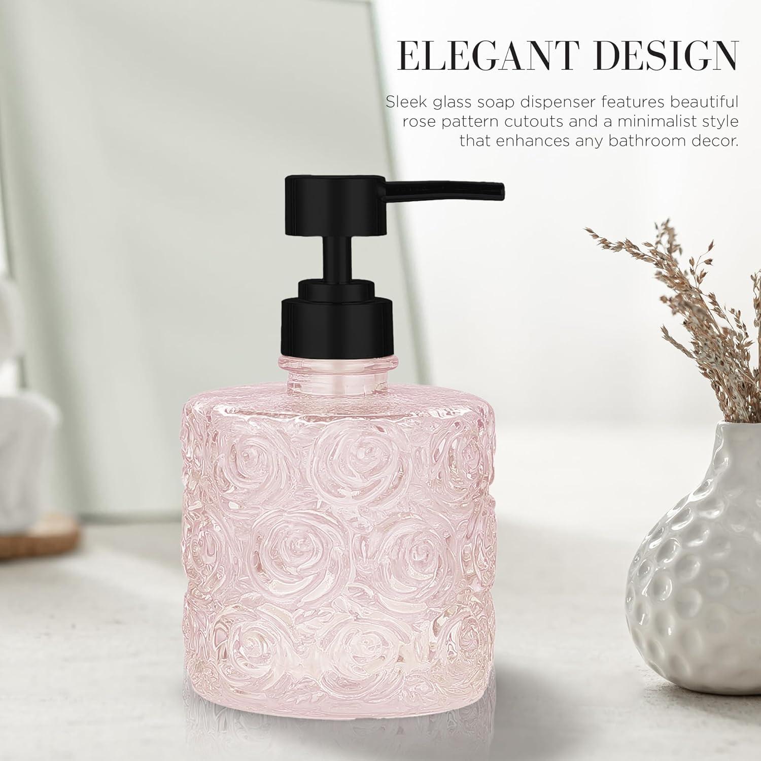 Marcella Glass Soap Dispenser with Soap Pump, Refillable 14 Ounce Capacity, Floral Design Rose Patterns, Heavy Weight Thick Glass for Bathroom, Premium Kitchen Soap Dispenser Peach Blush