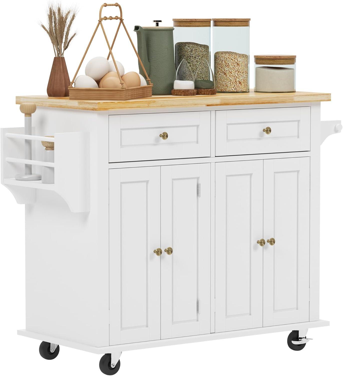 White and Maple Wood Kitchen Cart with Spice Rack and Storage