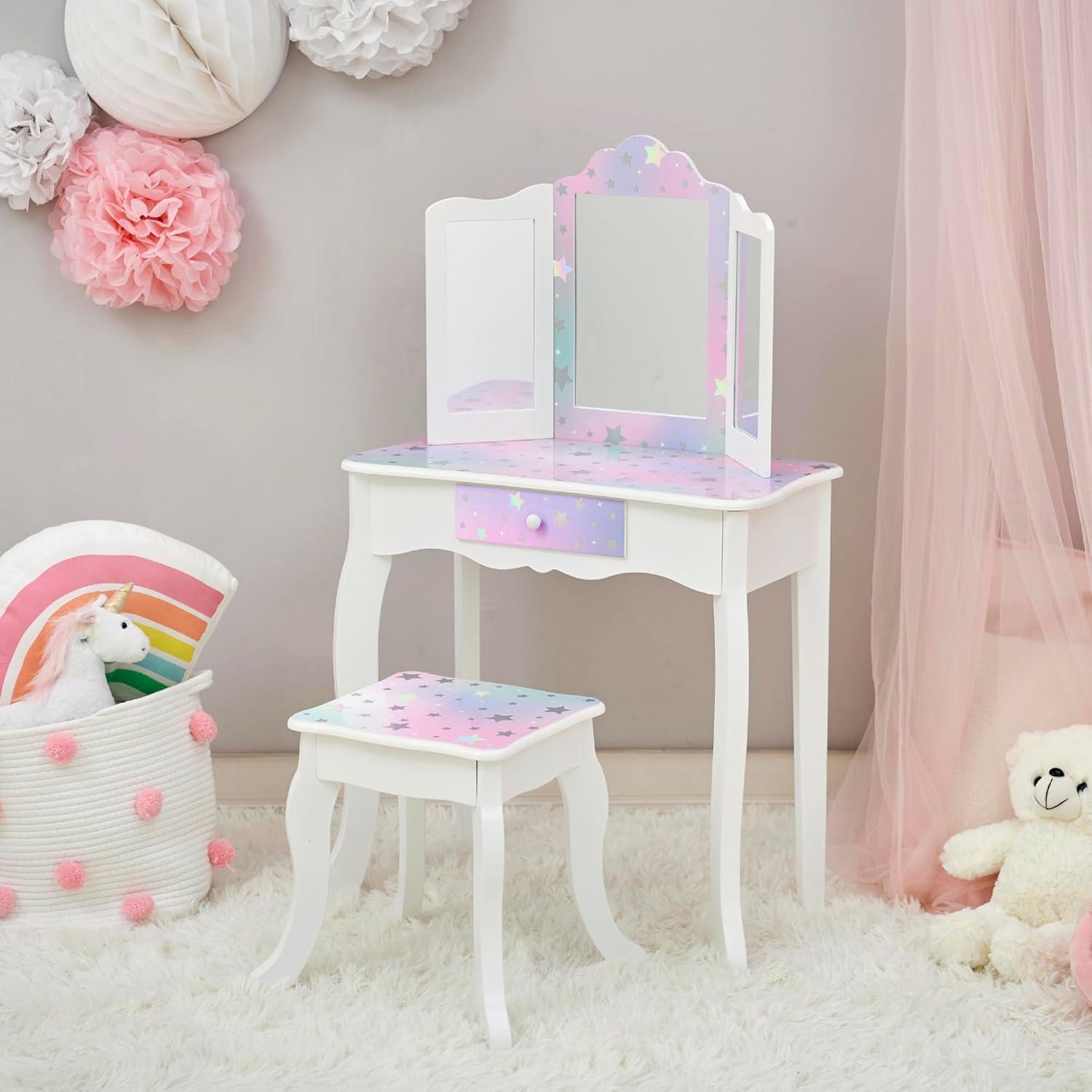 Fantasy Fields Gisele Starry Sky Kids Vanity Table & Stool, White