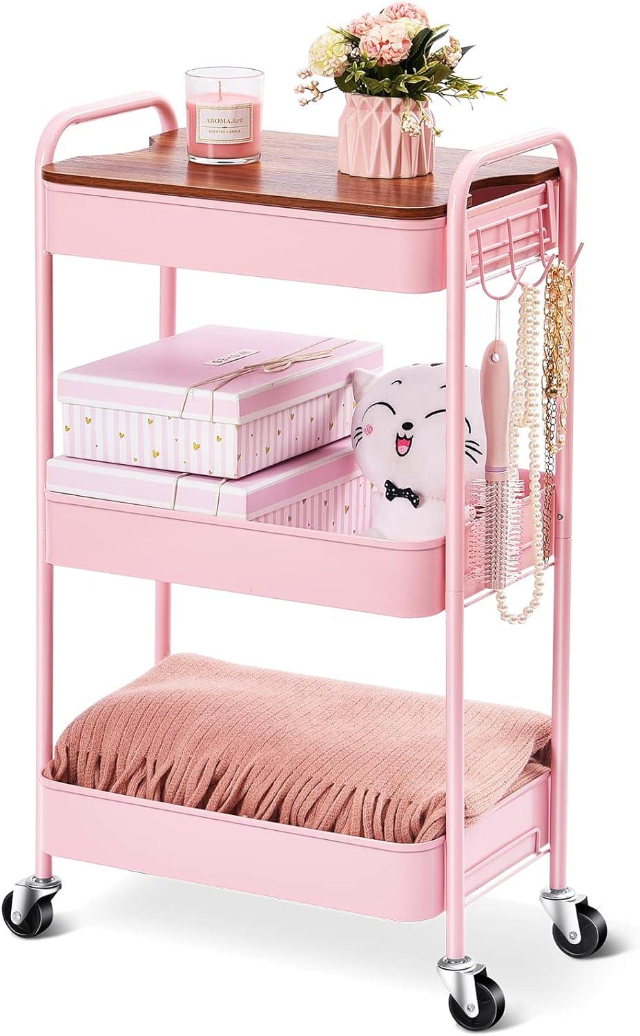 Pink Metal 3-Tier Rolling Utility Cart with Wooden Top