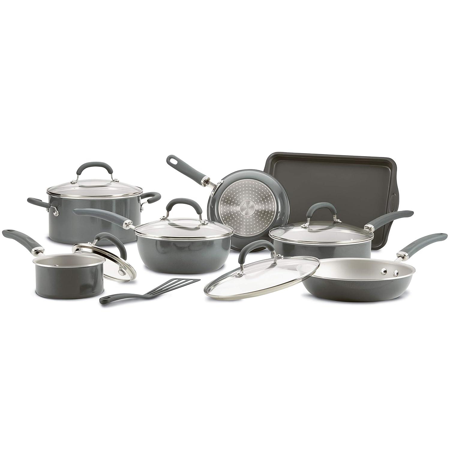 Gray Shimmer 13-Piece Nonstick Aluminum Cookware Set with Stainless Steel Handles
