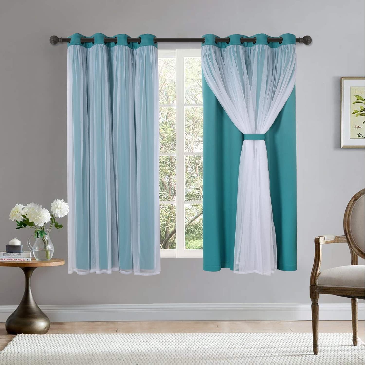 Set of 2 (63"x52") Caterina Layered Solid Blackout with Sheer Top Curtain Panels Blue Blue - Exclusive Home