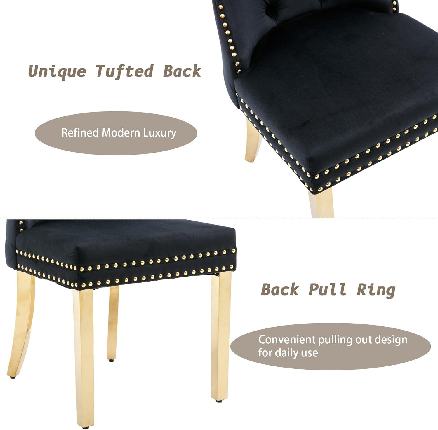 ODUSE-DAILY Black Velvet Dining Chairs Set of 6, Kitchen & Dining Room Chairs, Nailheads Tufted, Sillas De Comedor, Fabric Upholstered, Golden Metal Legs (Black, 6 Pcs)