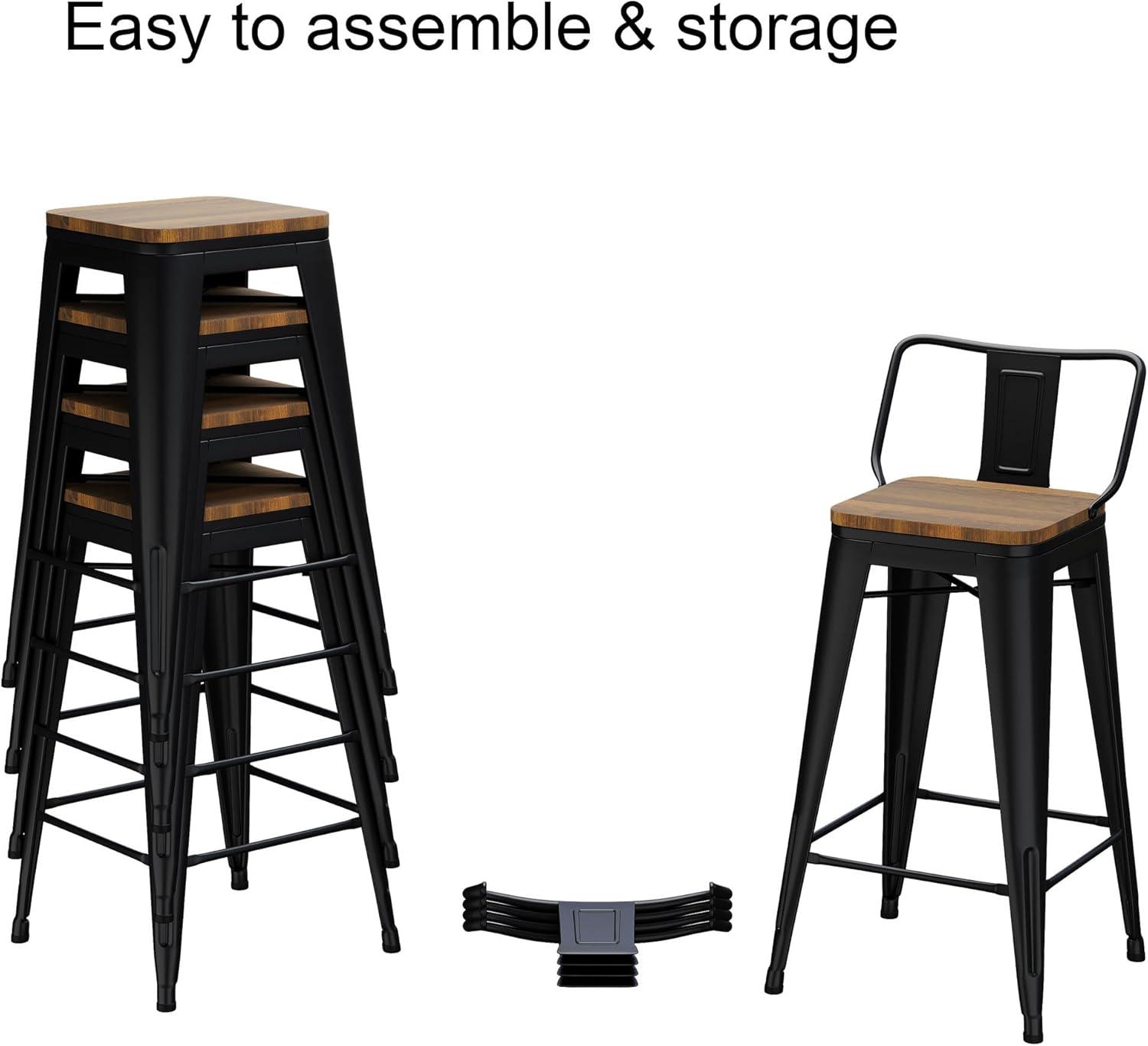 Bar Stools Set of 4 Metal Bar Stool Counter Height Bar Stools 26" Black Modern Bar Chairs with Back and Wooden Seat Bar Stools Counter Height