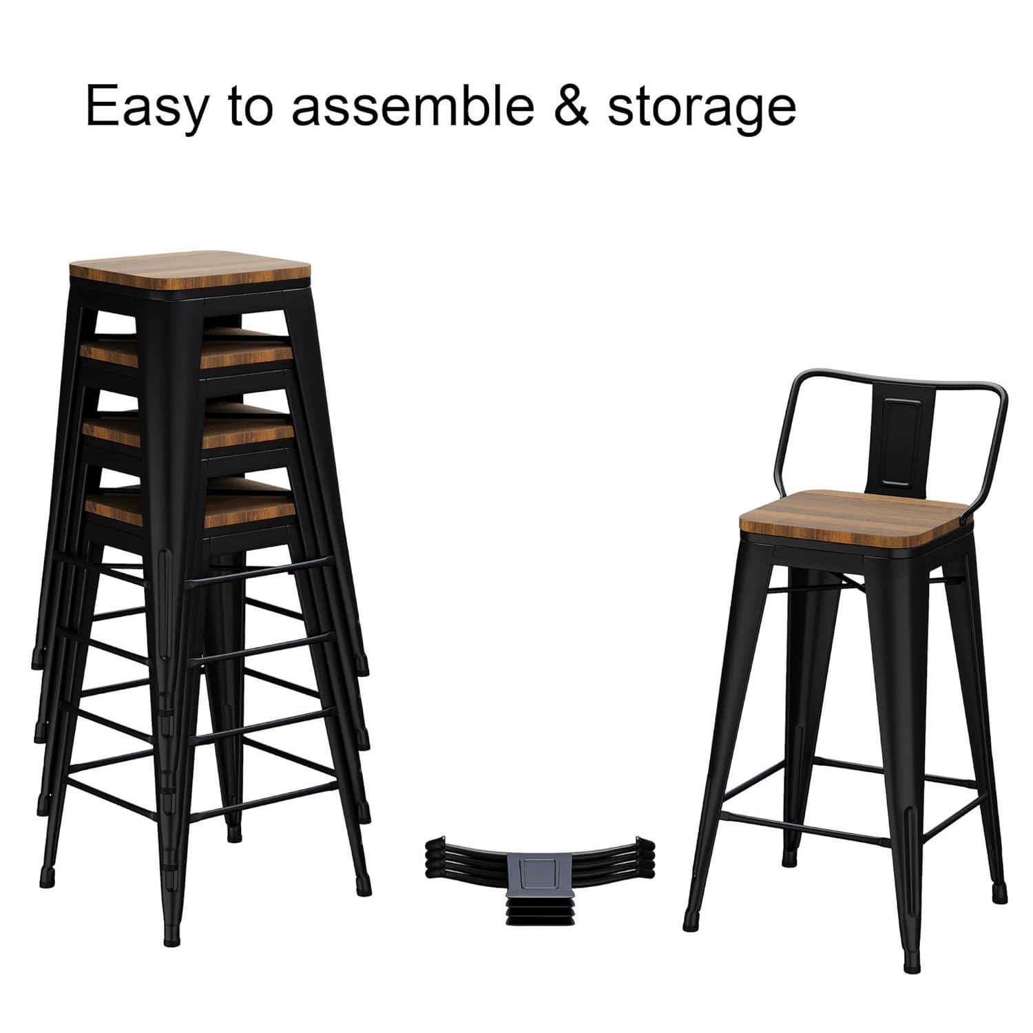 Bar Stools Set of 4 Metal Bar Stool Counter Height Bar Stools 26" Black Modern Bar Chairs with Back and Wooden Seat Bar Stools Counter Height