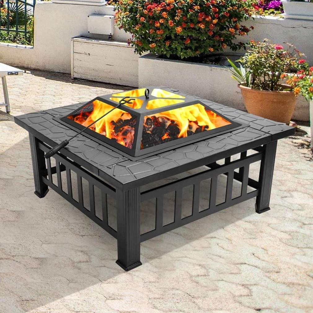 Outdoor Fire Pit for Wood 32" Metal Firepit for Patio Wood Burning Fireplace Square Garden Stove with Charcoal Rack, Poker & Mesh Cover for Camping Picnic Bonfire Backyard