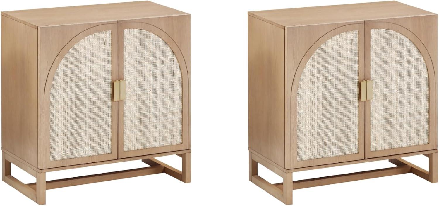 Nathan James Paxton Mid-Century Modern Wood Storage Cabinet with Doors, Arched Storage Cabinet for Living Room or Kitchen with Rattan Door Details, Raw Oak Set of 2