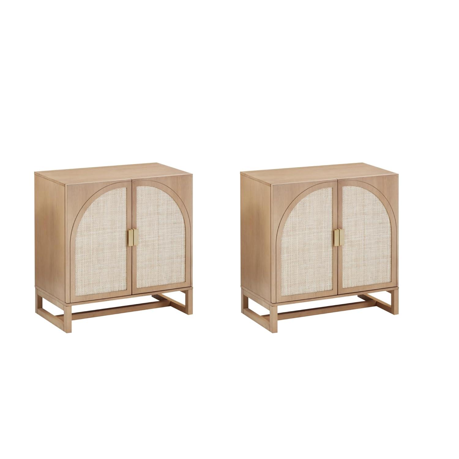 Nathan James Paxton Mid-Century Modern Wood Storage Cabinet with Doors, Arched Storage Cabinet for Living Room or Kitchen with Rattan Door Details, Raw Oak Set of 2