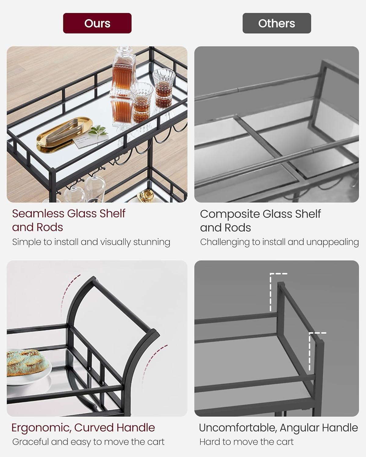 VASAGLE Bar Cart Black, Home Bar Serving Cart, Wine Cart with 2 Mirrored Shelves, Wine Holders, Glass Holders, for Kitchen, Dining Room, Black ULRC090B62