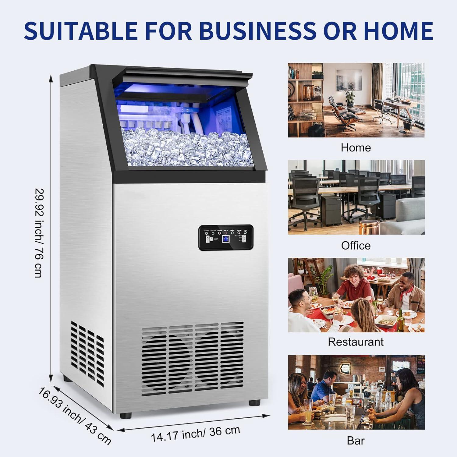 Stainless Steel Commercial Freestanding Ice Maker with 35lb Storage