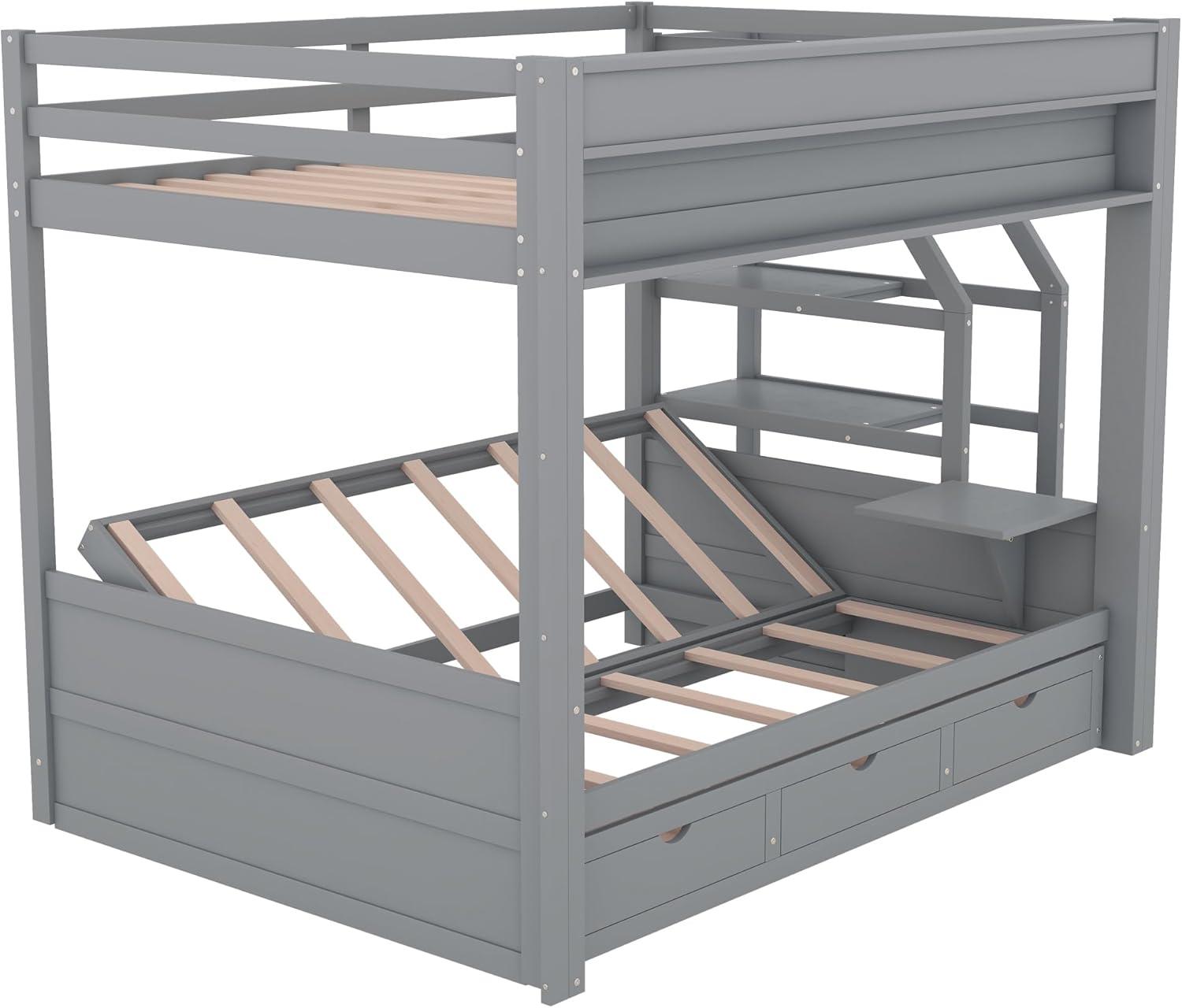 Harper & Bright Designs Full Over Full/Futon Bunk Beds with Stairs and 3 Drawers, Built-in Shelf, Bottom Bed can be Converted into Daybed, Solid Wood Bunk Bed Frame - Gray