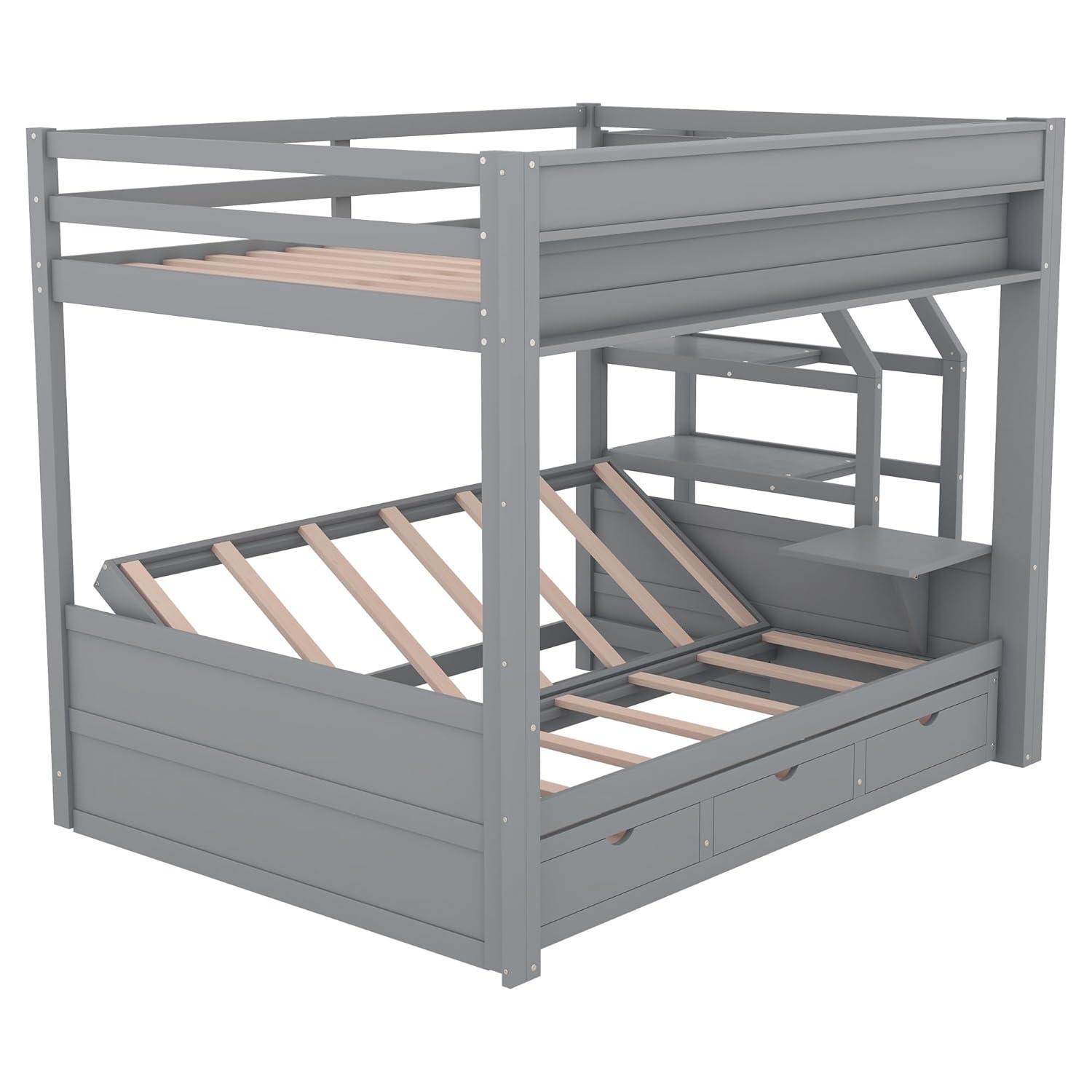 Harper & Bright Designs Full Over Full Bunk Beds with Stairs and Small Shelf, Wood Convertible Bunk Bed can be Converted into Daybed (Gray)