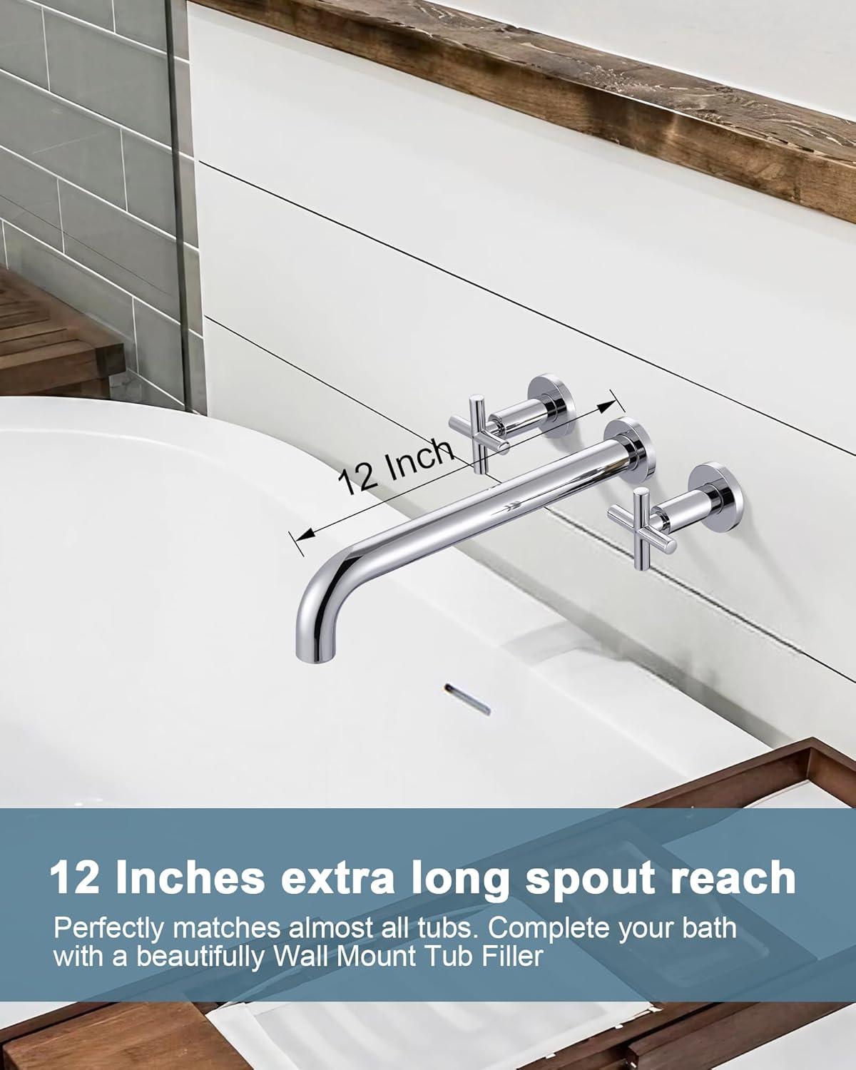 Wall Mount Tub Filler ARCORA Chrome Bathtub Faucet Long Spout Reach, 2 Cross Handles Wall Mounted Tub Faucet with Brass Rough in Valve Included