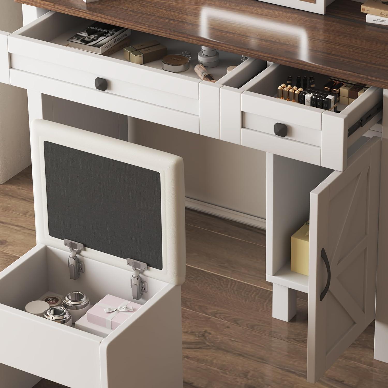 MONTARY Makeup Vanity Desk with Mirror and Lights, Dressing Table , White Vanity Table Set with 6 Drawers & Shelves & 4 Cabinets, 3 LED Lighting Modes Brightness Adjustable