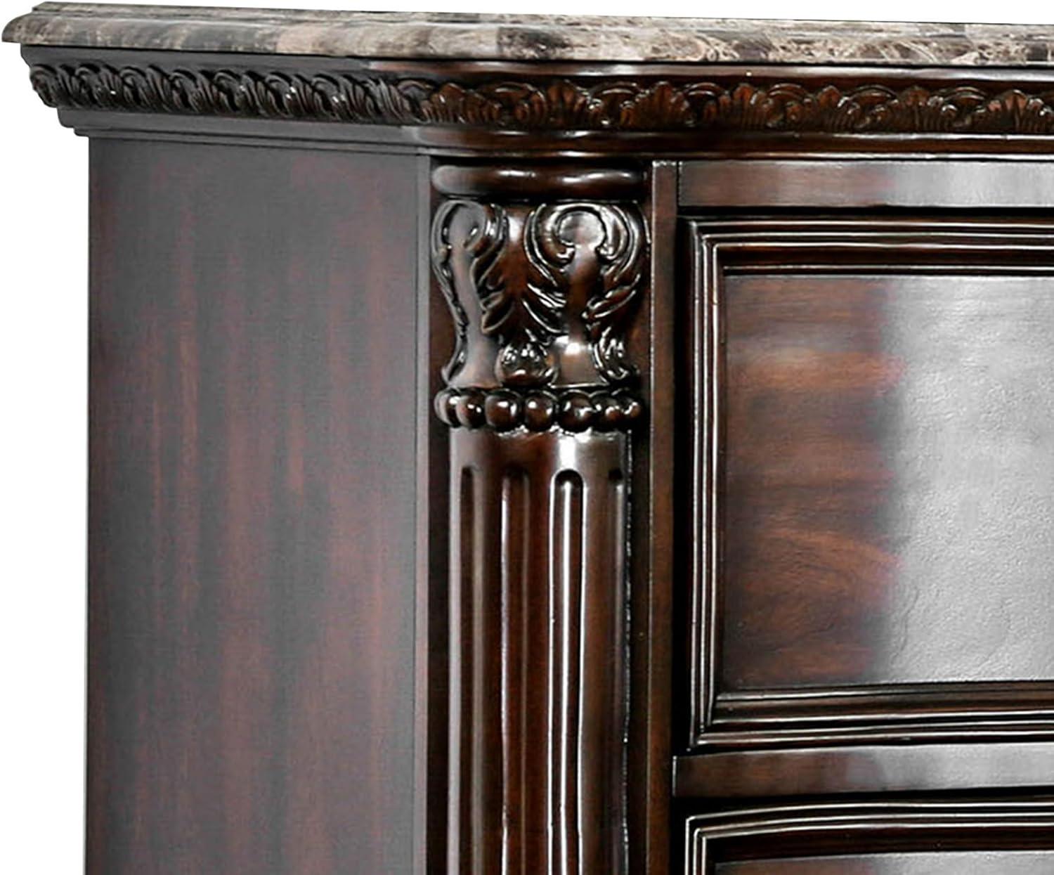 Transitional Cherry Brown Nightstand with Genuine Marble Top and Antique Drawer Pulls