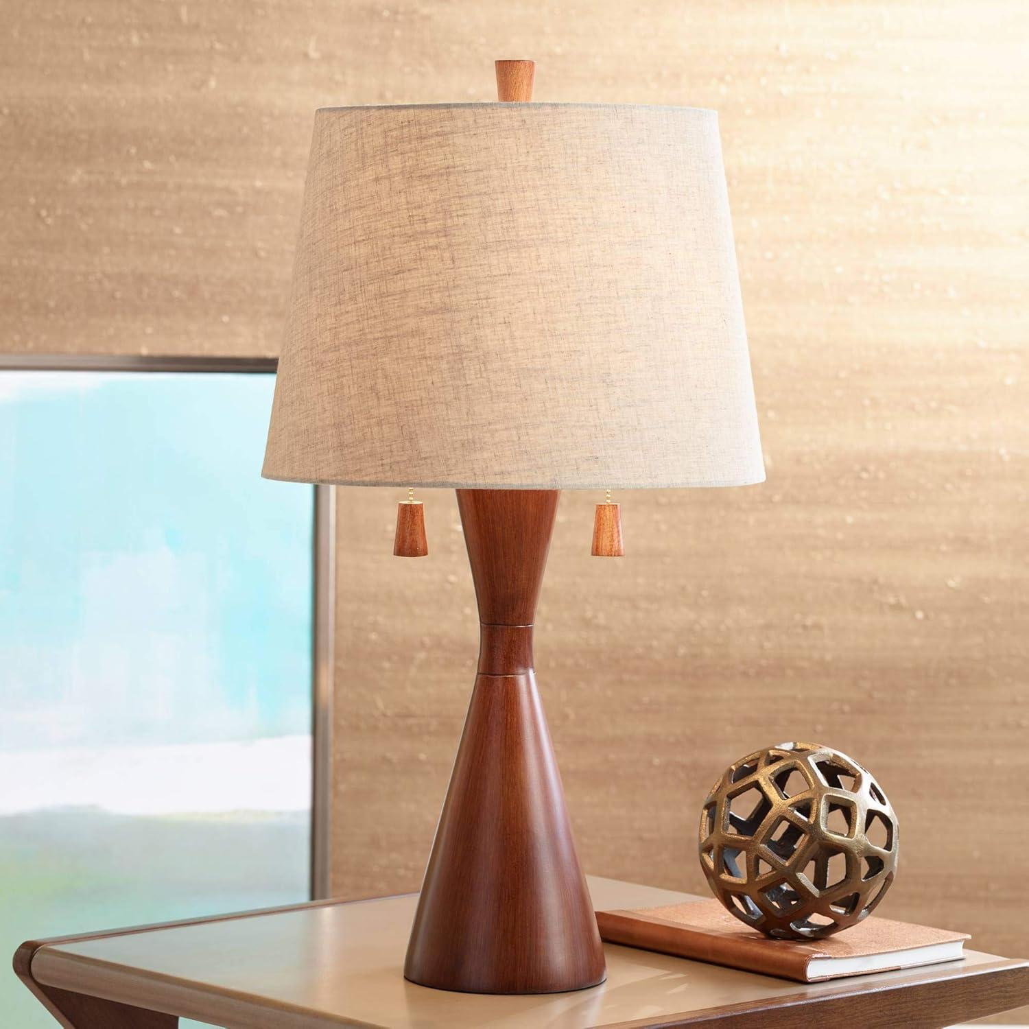 360 Lighting Omar Modern Table Lamp 28 3/4" Tall Warm Brown Wood Hourglass Oatmeal Fabric Drum Shade for Bedroom Living Room Bedside Nightstand Office