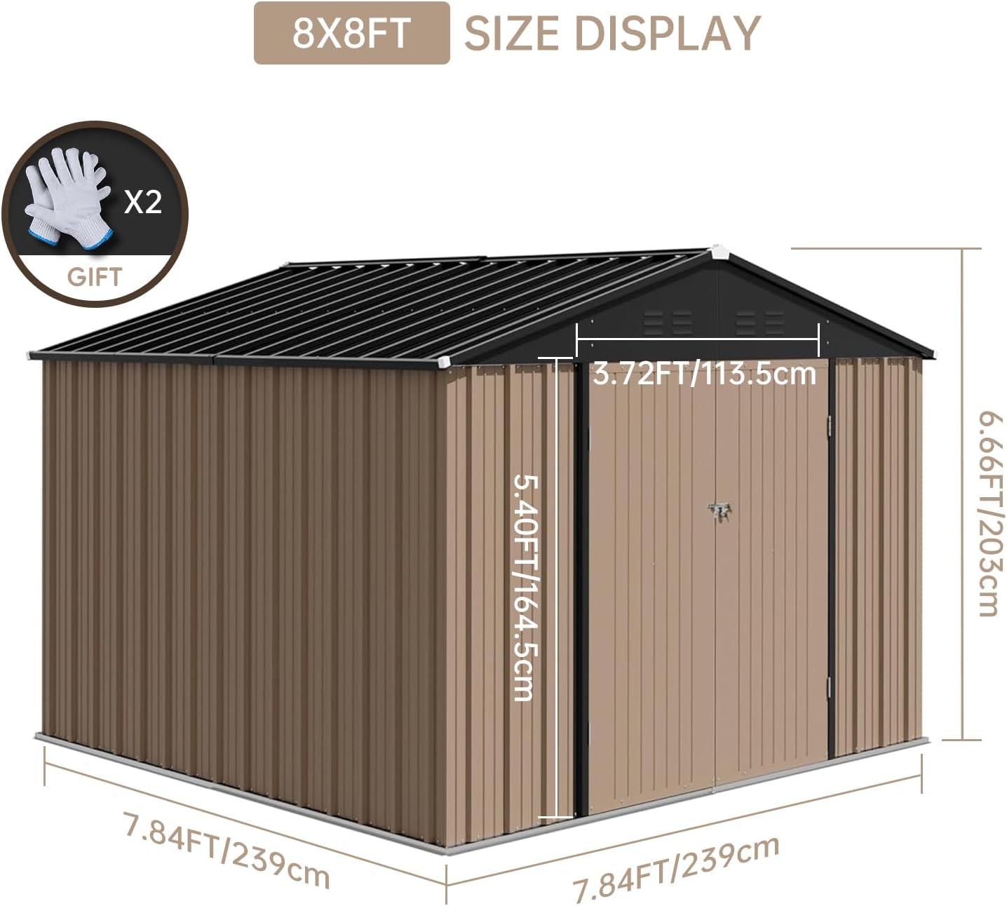 12x10 FT Outdoor Metal Storage Shed Garden Tool House With Lockable Doors and Vent Brown