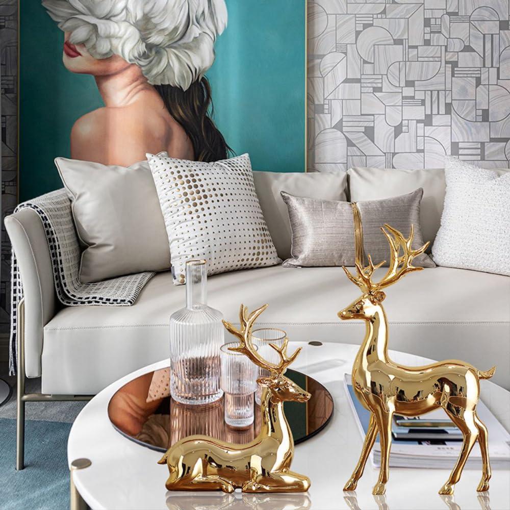2Pcs Elk Deer Statue Reindeer Figurines Resin Sculpture Living Room Home Decoration Nordic Tabletop Ornaments (Silver 2pcs)