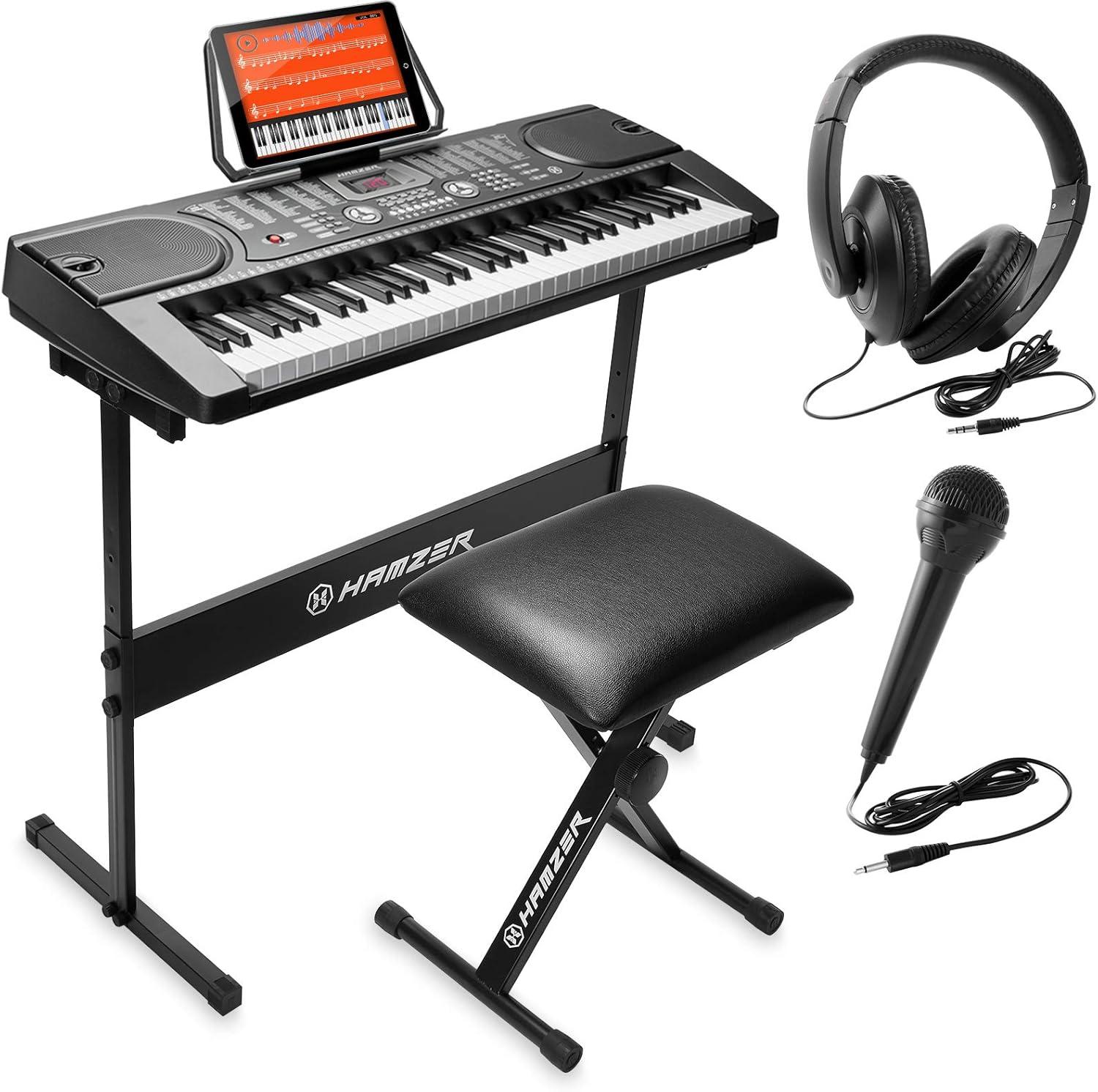 Hamzer 61 Key Keyboard Piano w/ Stand, Bench, Headphones, & Microphone - Set for Beginners