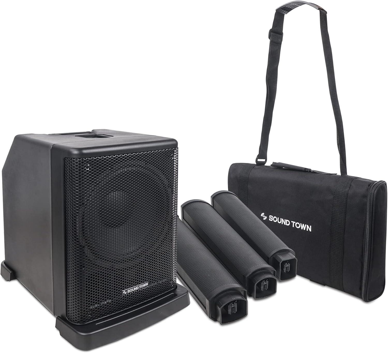 Sound Town Portable PA/DJ System w/ 12" Powered Subwoofer, 8 x 3 Column Speaker and Two UHF Wireless Microphones (CARPO-L2SWM01)