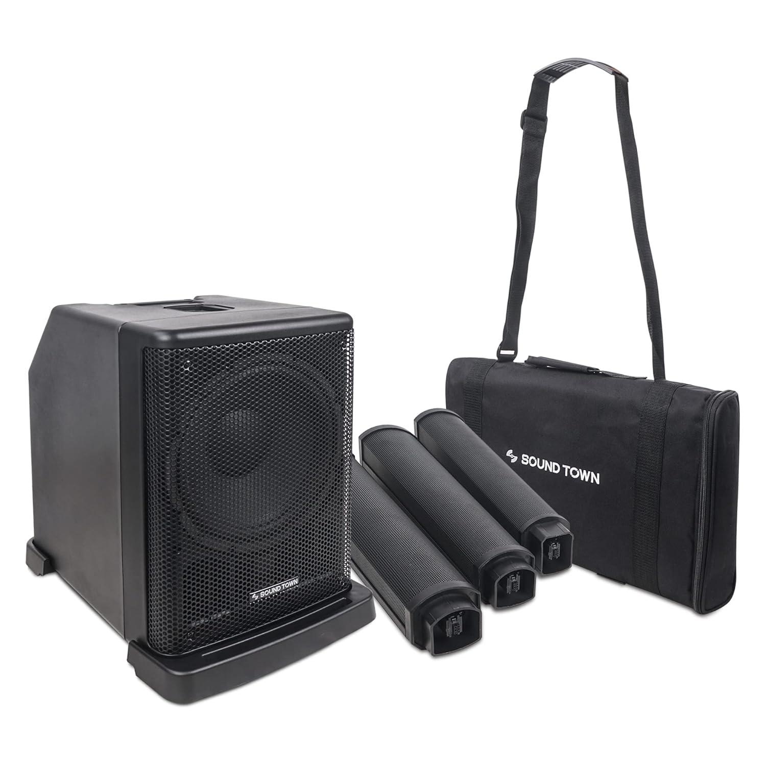 Sound Town Portable PA/DJ System w/ 12" Powered Subwoofer, 8 x 3 Column Speaker and Two UHF Wireless Microphones (CARPO-L2SWM01)