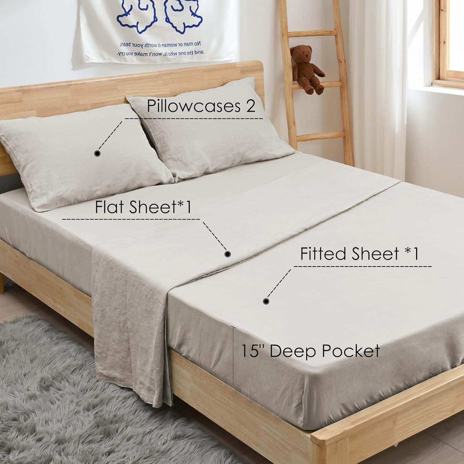 King Size Stone Washed Organic Linen Bed Sheet Set