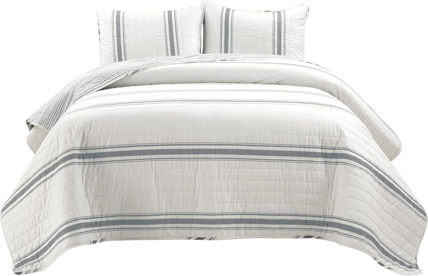 3pc Full/Queen Farmhouse Striped Reversible Quilt Bedding Set Dark Gray - Lush Décor: Cotton & Microfiber, Machine Washable