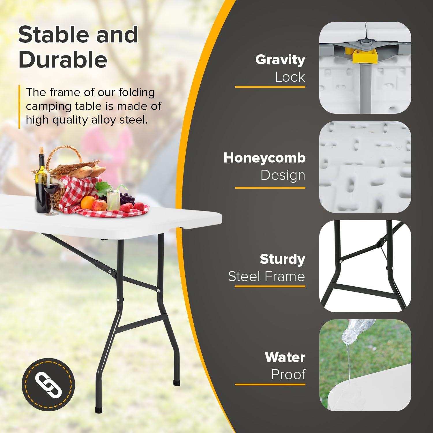 6 Foot Folding Table, Portable Plastic Dining Table, Fold-in-Half Heavy Duty Table Indoor Outdoor for Camping, Picnic, Party, BBQ, Wedding, White