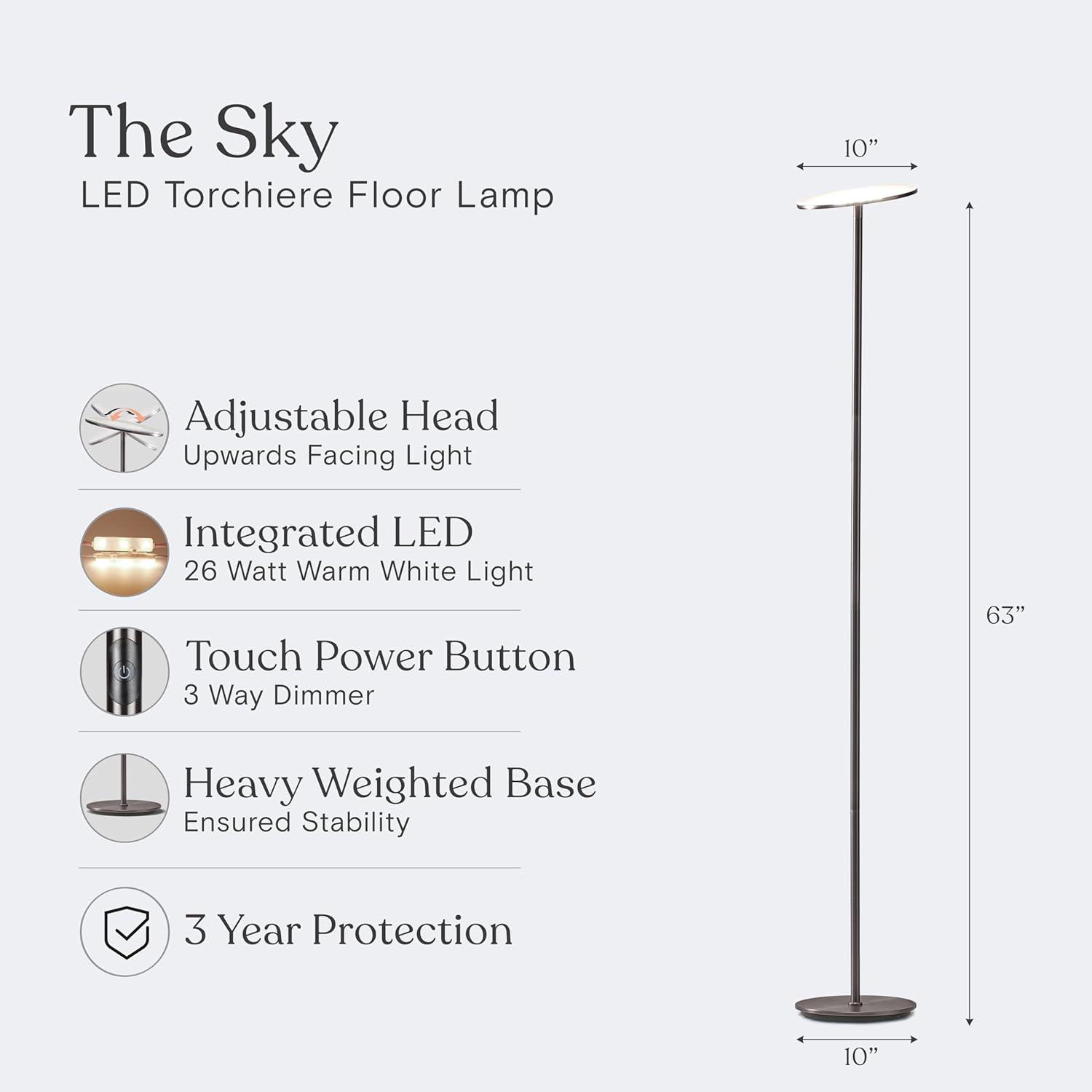 Brightech Sky Modern Dimmable Integrated LED Torchiere Floor Lamp Brushed Nickel: Touch Sensor, 3-Year Warranty, UL Listed