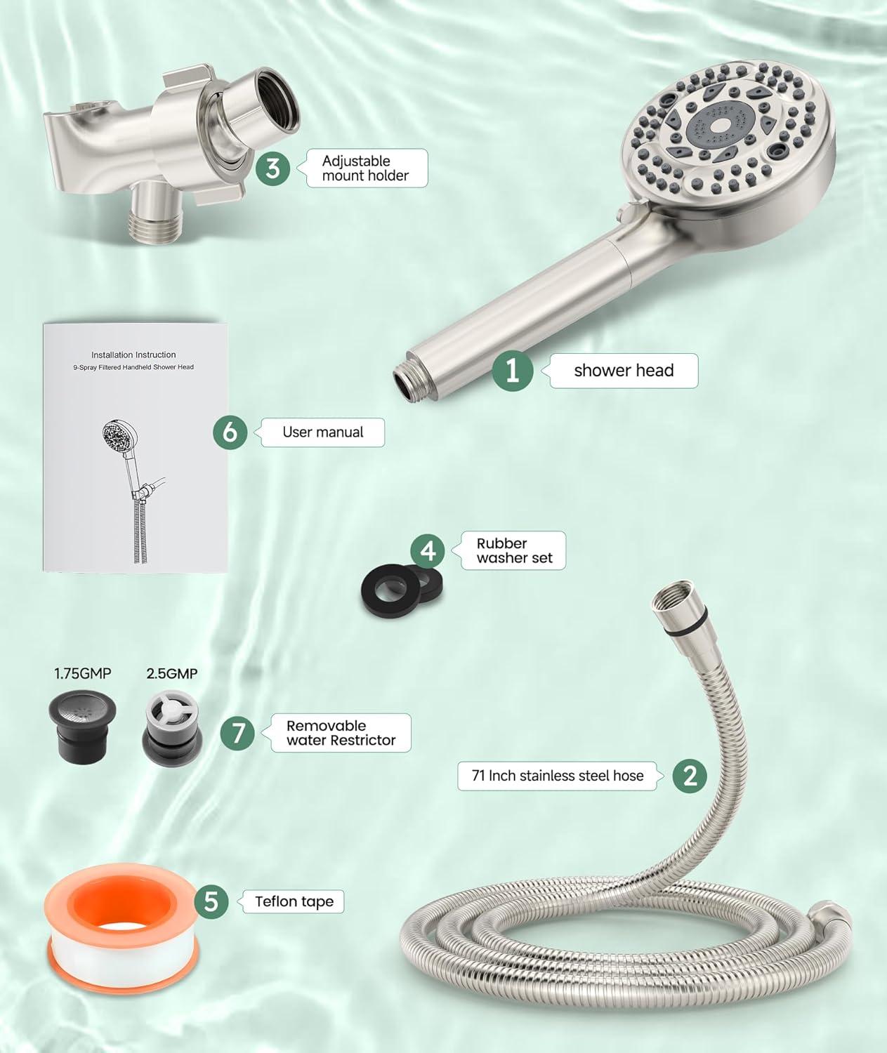 Chrome Handheld Shower Head with Adjustable Height and Filter