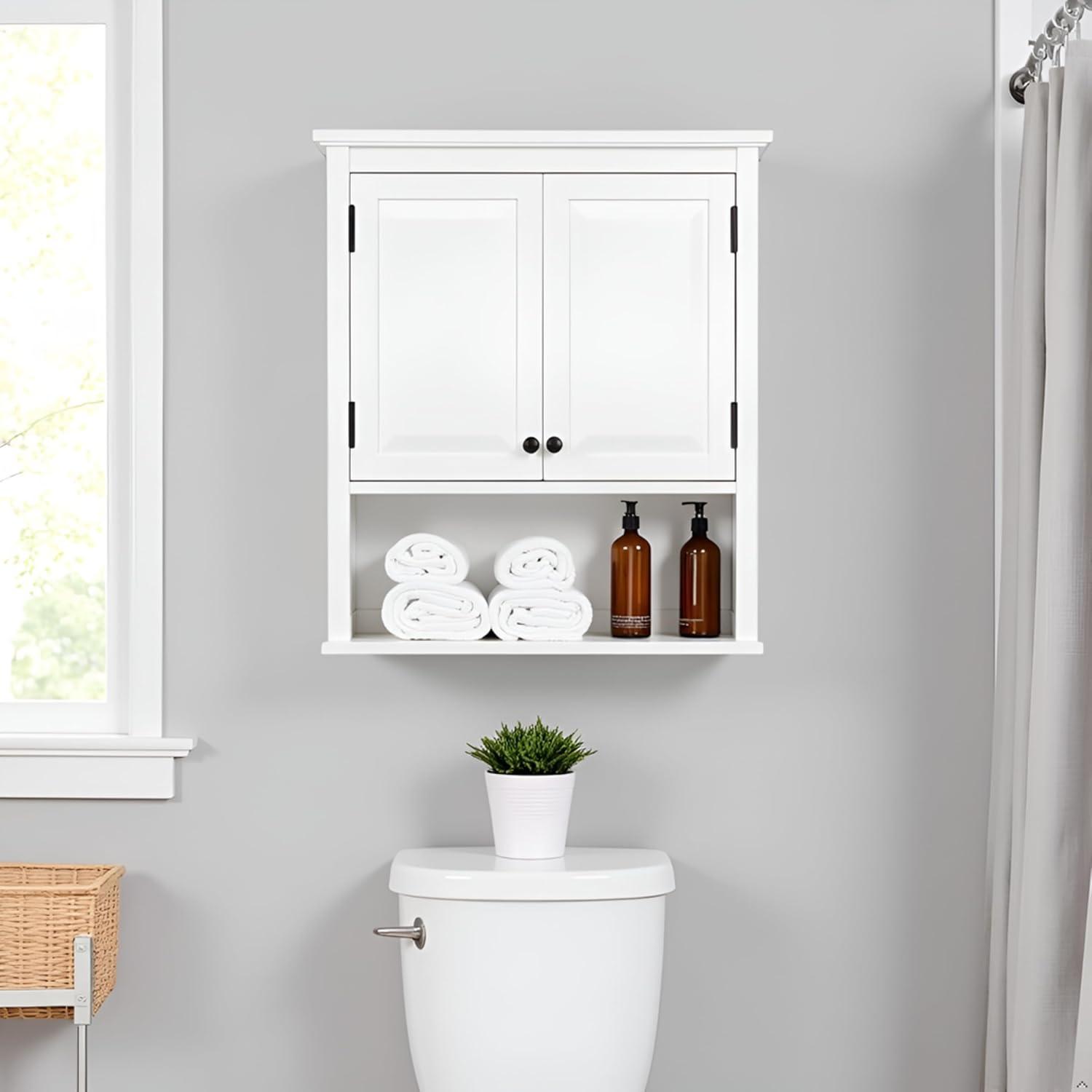 Dorset Wall Mounted Bath Storage Cabinet with Two Doors and Open Shelf White - Alaterre Furniture: Hardwood Medicine Cabinet, Adjustable Shelf