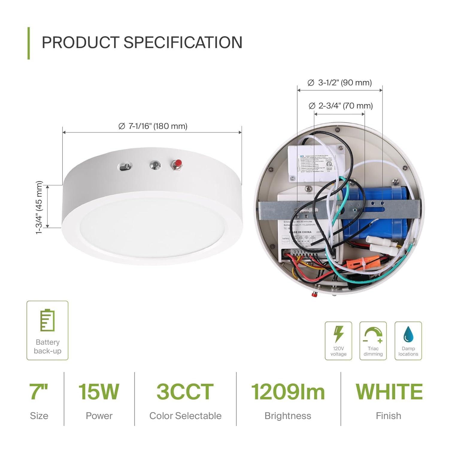 ASD 7 Inch LED Flush Mount Ceiling Light with Emergency Battery Backup - Dimmable 15W 1209LM Flat Lights, 3000K-5000K Adjustable Low Profile Fixtures for Bedroom, Kitchen, Closet - ETL