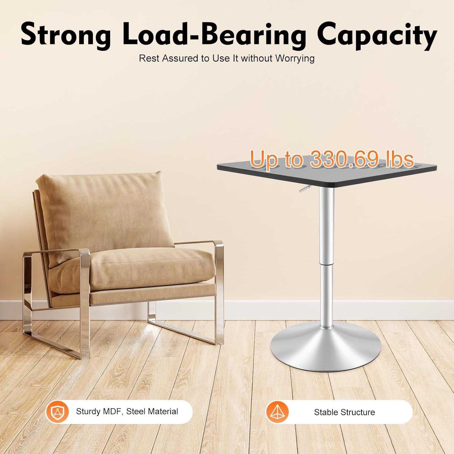 Square Bar Table, Modern Pub Table, 360° Swivel Cocktail Table, Adjustable Height with Black Top, Stainless Steel Leg and Base