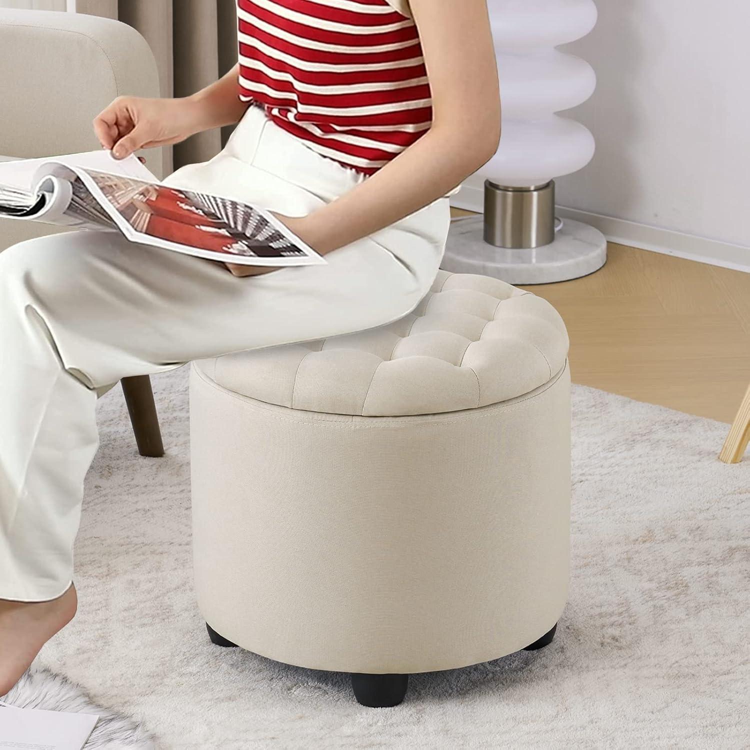 Furniliving Upholstered Round Storage Ottoman Large Tufted Ottoman with Removable Lid Footrest Stool for Living Room, Bedroom, Beige